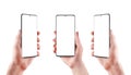 Isolated phone in hand mockup in three position. Isolated round screen and background