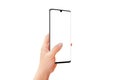 Isolated phone mockup in woman hand with thumb finger on display screen