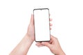 Isolated phone in woman hands. Smart object display for mockup, app or web page design presentation