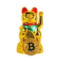 Isolated photo of golden colored japanese cat talisman with bitcoin Royalty Free Stock Photo