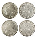 Isolated photo of 50 lepta Greece 1926 coin on white background Royalty Free Stock Photo