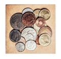 Isolated photo of old european coins on box