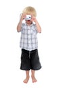 Isolated photo of young boy taking a photograph