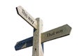 An isolated wooden directions signpost or guidepost