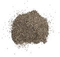 Isolated pile of chia seeds on white background. View from top, design element.