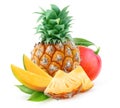 Isolated pineapple and mango fruits, whole and slices