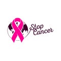 Isolated pink color ribbon on the white background logo. Against cancer logotype. Earth image. Stop disease symbol