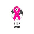 Isolated pink color ribbon on the white background logo. Against cancer logotype. Earth image. Stop disease symbol