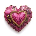 Pink fabric heart with small details isolated on white background. Steampunk style Royalty Free Stock Photo