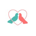 Isolated pink and turquoise pigeons in the heart vector logo. Romantic image. St. Valentines Day greeting card. Love