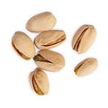 Isolated pistachio nuts. Roasted salted pistachios. Top view Royalty Free Stock Photo