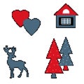 Isolated pixel deer tree eve hearts house on white