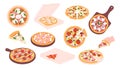 Isolated pizza set, margherita pizzas slice with cheese. Italiano pizzeria elements. Take away pizza in cardboard box