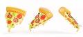 Isolated pizza slices with melted cheese 3d render icon set. Traditional Italian food, cartoon pepperoni with basil