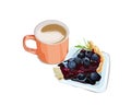Isolated plate of blueberry cheese cake and hot coffee cup on white background. Royalty Free Stock Photo