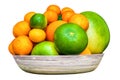 Isolated plate full of citruses fruits. Set of oranges, tangerines, limes, pummelo, grapefruits on white background Royalty Free Stock Photo