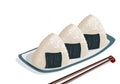 Isolated a plate of Onigiri with chopstick on white background.