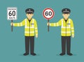 Isolated police officer holding traffic or road sign. Speed limit. Royalty Free Stock Photo