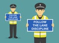 Isolated police officer holding warning poster or sign. Follow the lane discipline. Royalty Free Stock Photo