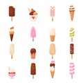 Isolated popsicle ice cream. Tasty sweet cold desserts icons, childish ice creams collection. Chocolate and creamy