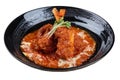Isolated Pork rib chops steaks boiled with tomato sauce and cheese served in black round plate