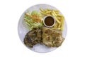Isolated Pork steak topped with black pepper and Chicken with French fries and salad in plate on a white background with