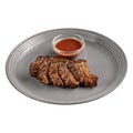 Portion of gourmet roast beef with red sauce