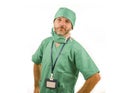 Isolated portrait of attractive and handsome medicine doctor or hospital nurse man in surgical bouffant hat and medical scrub Royalty Free Stock Photo