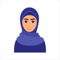 Isolated portrait of Beautiful girl in hijab. Avatar of a young Muslim woman. Cartoon color flat style. White background. Vector
