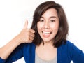 Isolated portrait of beautiful young success woman giving thumbs