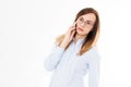 Isolated portrait of business girl with smartphone. Woman tolking on phone. Confident young manager. Copy space Royalty Free Stock Photo