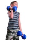 Isolated portrait of child exercising with dumbbells