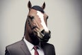 Isolated portrait of a horse in a man\'s body wearing a suit and tie