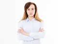 Isolated portrait of modern business woman with crossed arms, girl in shirt. Confident young manager, copy space Royalty Free Stock Photo