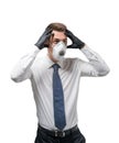 Panicking young businessman in mask and gloves, isolated