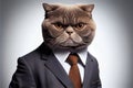 Isolated portrait of a Scottish Fold cat in a man\'s body wearing a suit and tie