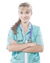 Isolated portrait smiling female doctor with crossed hand Royalty Free Stock Photo