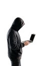 Side view of hacker with laptop, isolated