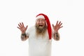 Isolated portrait on a white background of an overweigh man in Santa Claus hat raising palms and has surprised looks. Man with