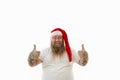 Isolated portrait on a white background of an overweigh man in Santa Claus hat signaling ok ,doing positive gesture with hands,