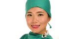 Isolated portrait of young beautiful and happy Asian Korean medicine doctor woman or hospital nurse in medical hat and scrub Royalty Free Stock Photo