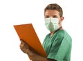 Isolated portrait of young medicine doctor or nurse man in face mask holding clipboard medical paperwork on white background in