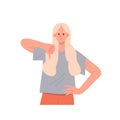 Isolated portrait of young skeptic woman cartoon character gesturing thumbs-down dislike sign