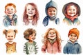 Isolated portraits of a happy children on the white background. Set of cartoon cheerful kids. Watercolor illustration