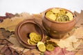 Isolated pot with golden coins. Abstract photo of lucky