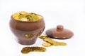 Isolated pot with golden coins. Abstract photo of lucky