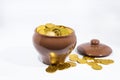 Isolated pot with golden coins. Abstract photo of lucky