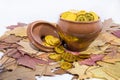 Isolated pot with golden coins. Abstract photo of lucky