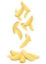 Isolated potato wedges in the air. Unpeeled slices of raw washed potato falling down over isolated on white background, Realistic