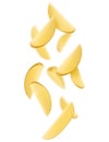 Isolated potato wedges in the air. Unpeeled slices of raw washed potato falling down over isolated on white background, Realistic